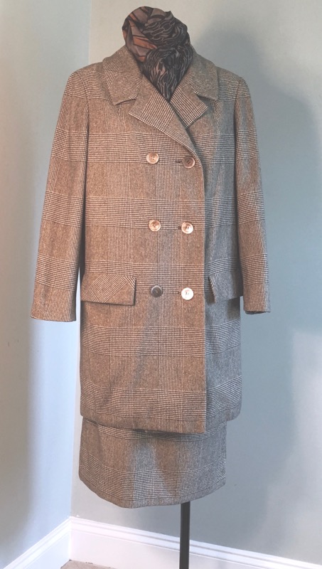 60s Buddy Bates Wool Skirt Suit Plaid Herringbone Mod Midi Long Coat S